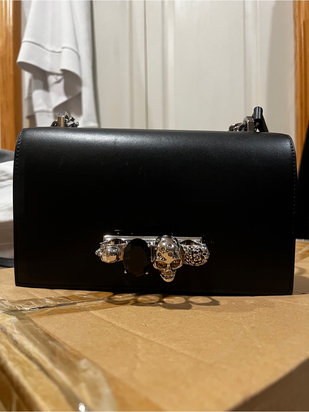 Alexander McQueen Smooth Black Leather Shoulder Bag with Silver Knuckle Duster
